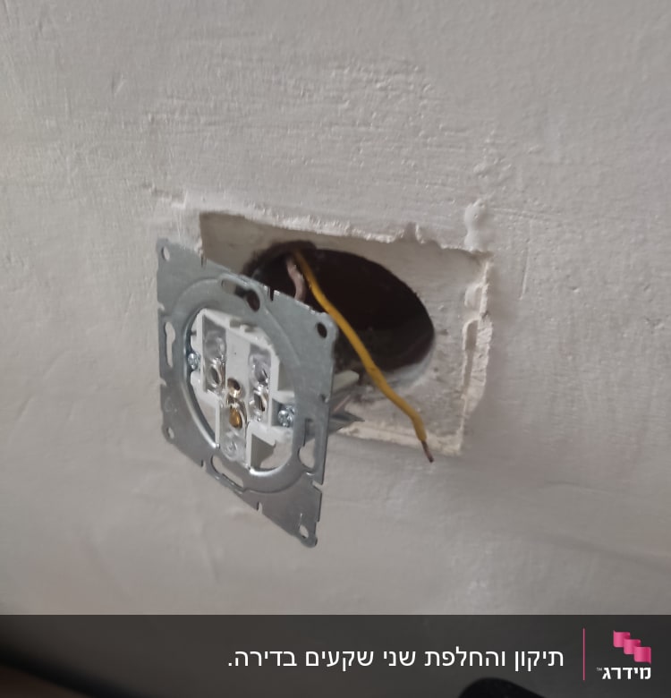 שקע חשמלי פתוח עם חוטים חשופים בקיר